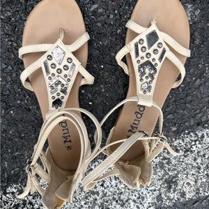 Mudd Cream Beaded T-Strap Sandals
